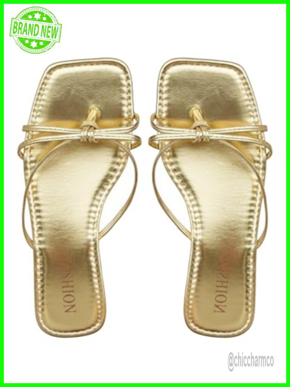Gold Square Toe Strappy Thong Slide Sandals Flat Dressy Summer